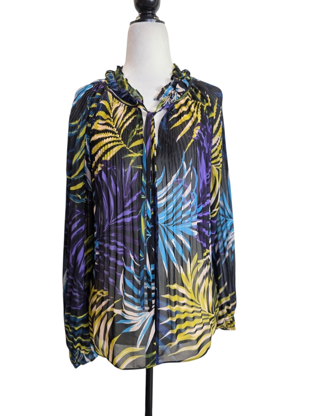 Kobi Halperin pleated Sheer chiffon Tropical Leaf long puff sleeves Blouse